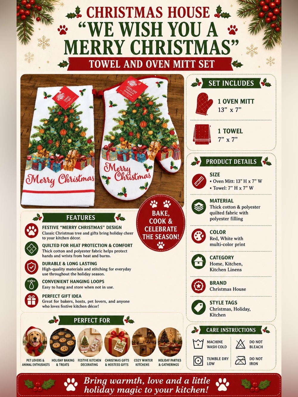 Christmas House “We Wish You A Merry Christmas” Towel and Oven Mitt